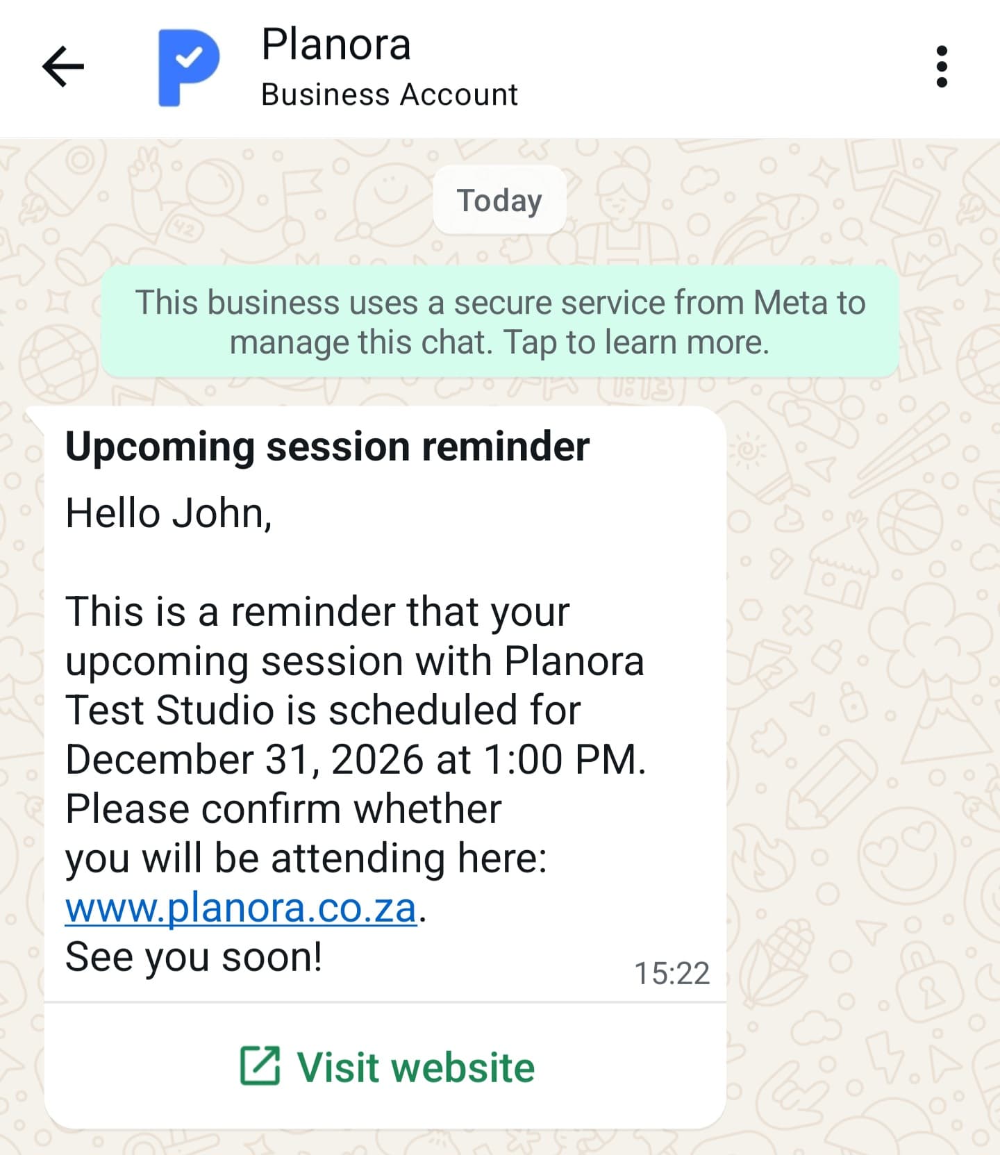 Preview of a Planora WhatsApp lesson reminder message